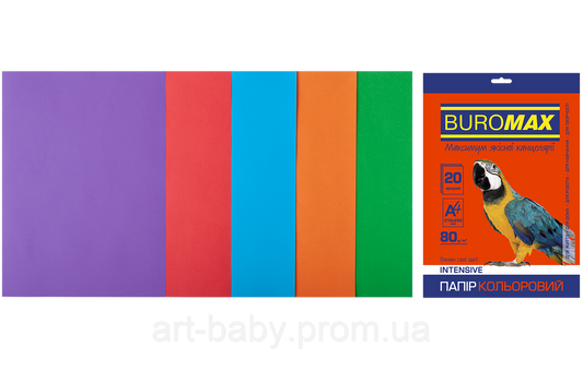 Набір двостороннього кольорового паперу А4 80г/м2 Buromax INTENSIVE для друку і аплікацій 5 кольорів 20 аркушів