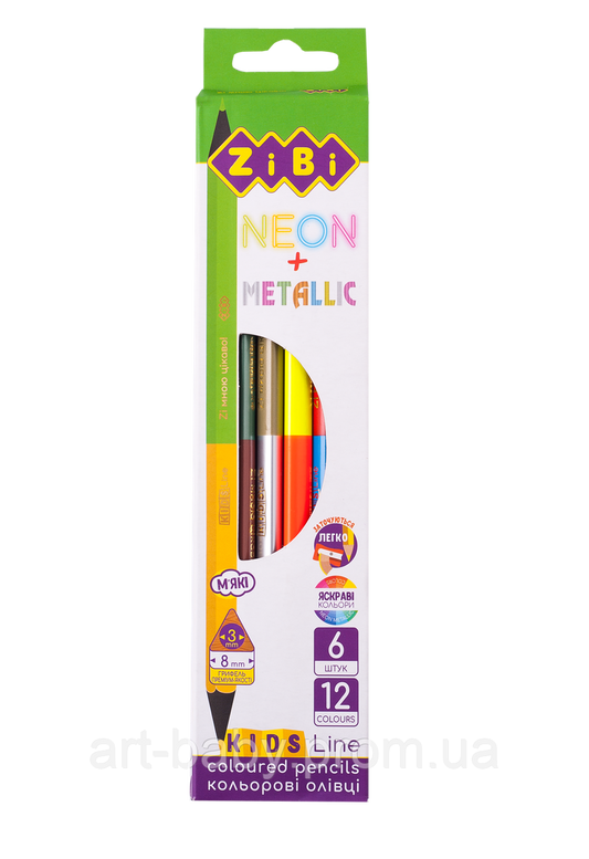 ZiBi Олівці кольорові двухстор. NEON+METALLIC, 6 шт. (12 кольорів), KIDS LINE